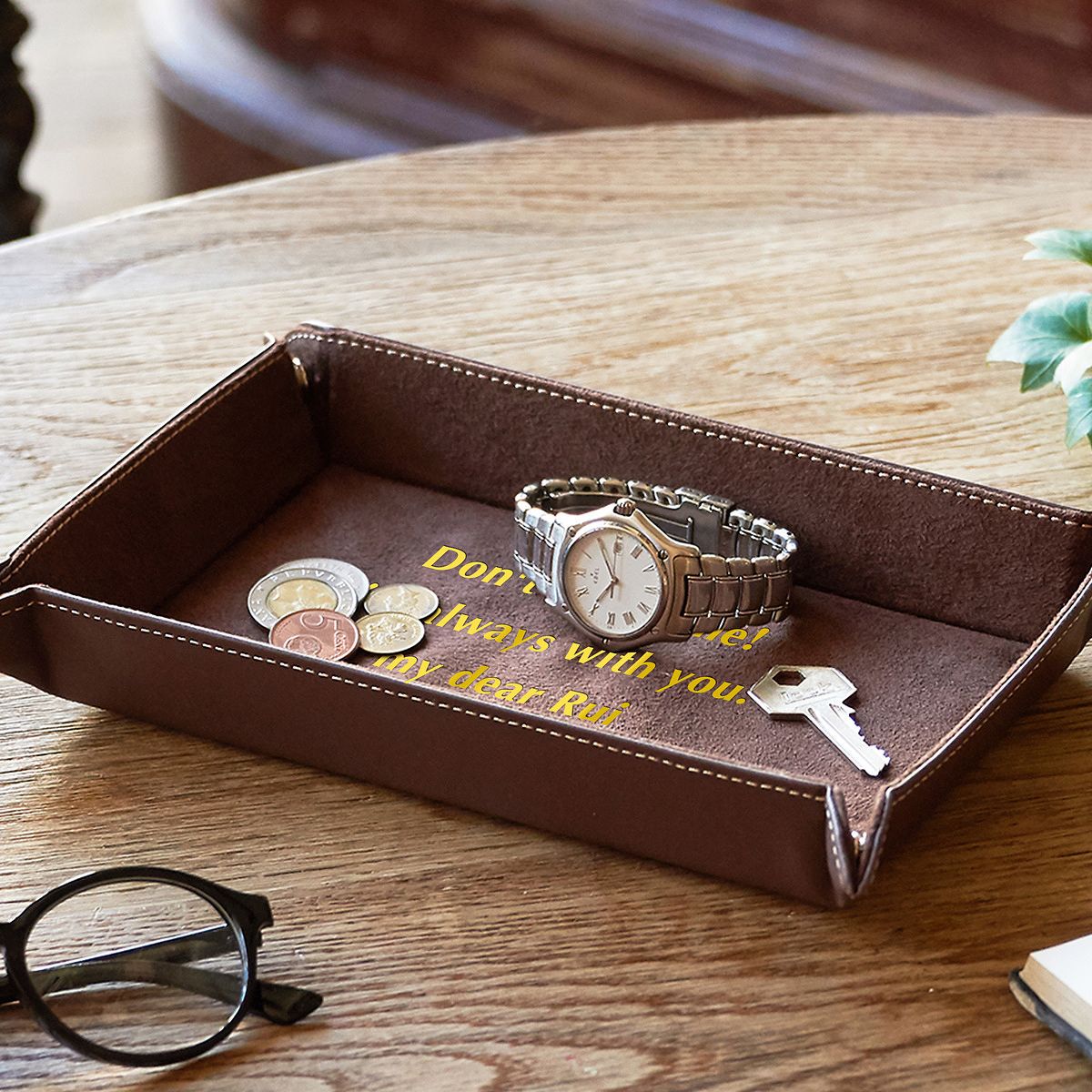 レザーボタントレイ レクタングル ブラウン}